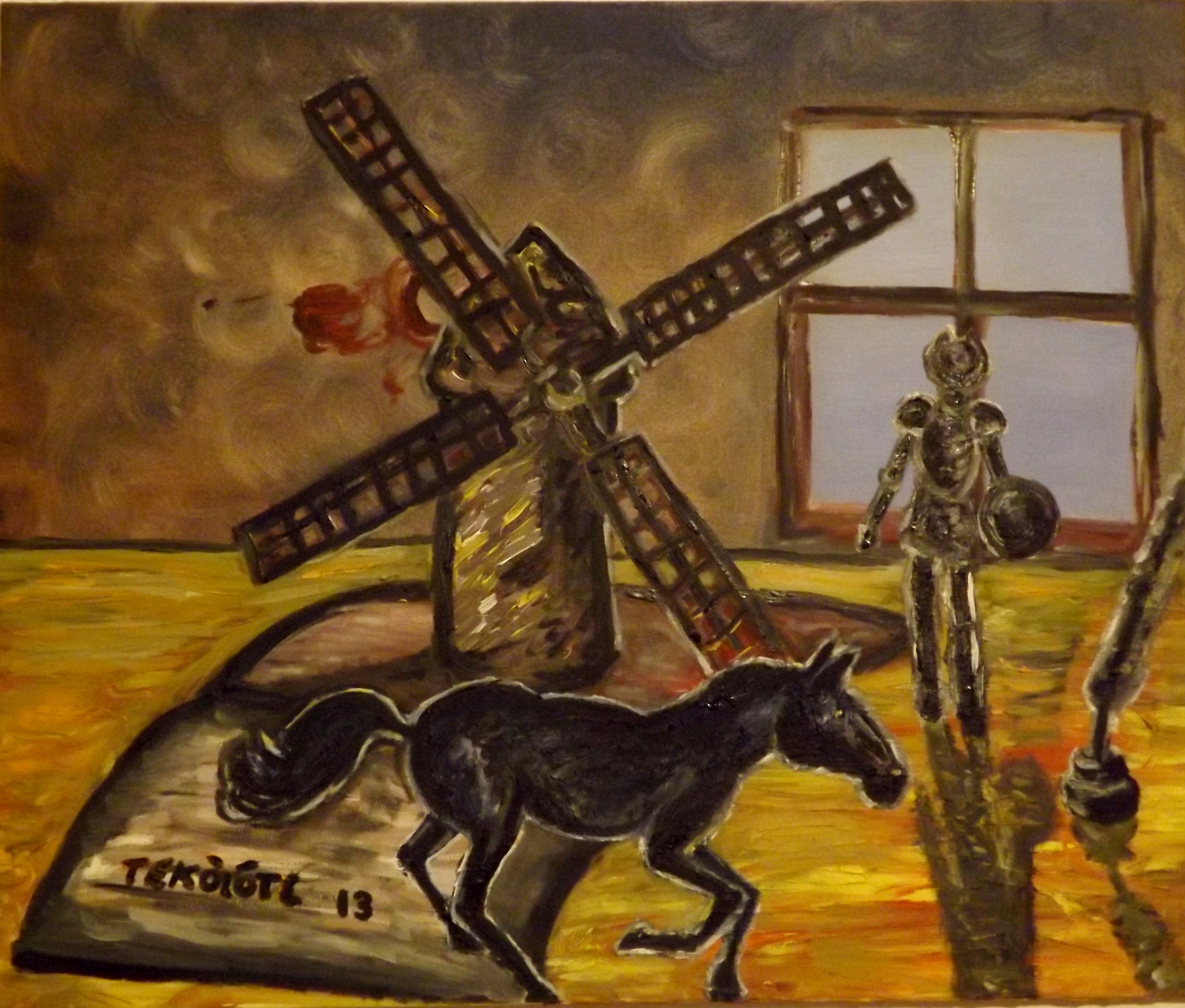 Rocinante galopando, mientras don Quijote observa desde la ventana de Cervantes después de derrotar a un molino.